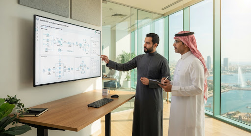 Saudi tech engineers reviewing system diagrams in a Jeddah office