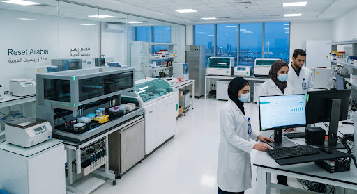 Modern clinical laboratory with diagnostic instrumentation
