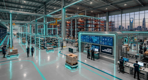 Automated warehouse logistics terminal with teal accent lighting