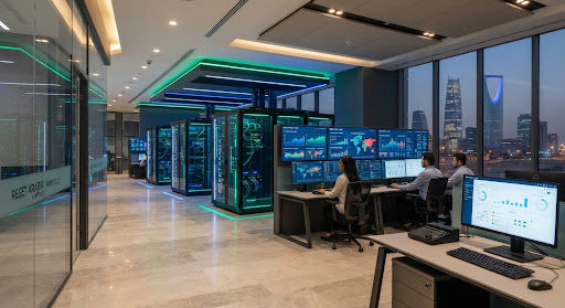 Fintech engineering hub with security monitors in KAFD Riyadh