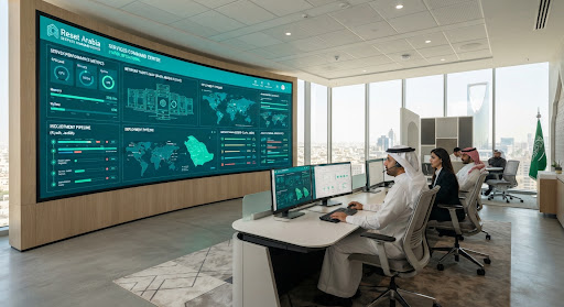 Enterprise software command center in Saudi Arabia with telemetry displays and architectural schematics